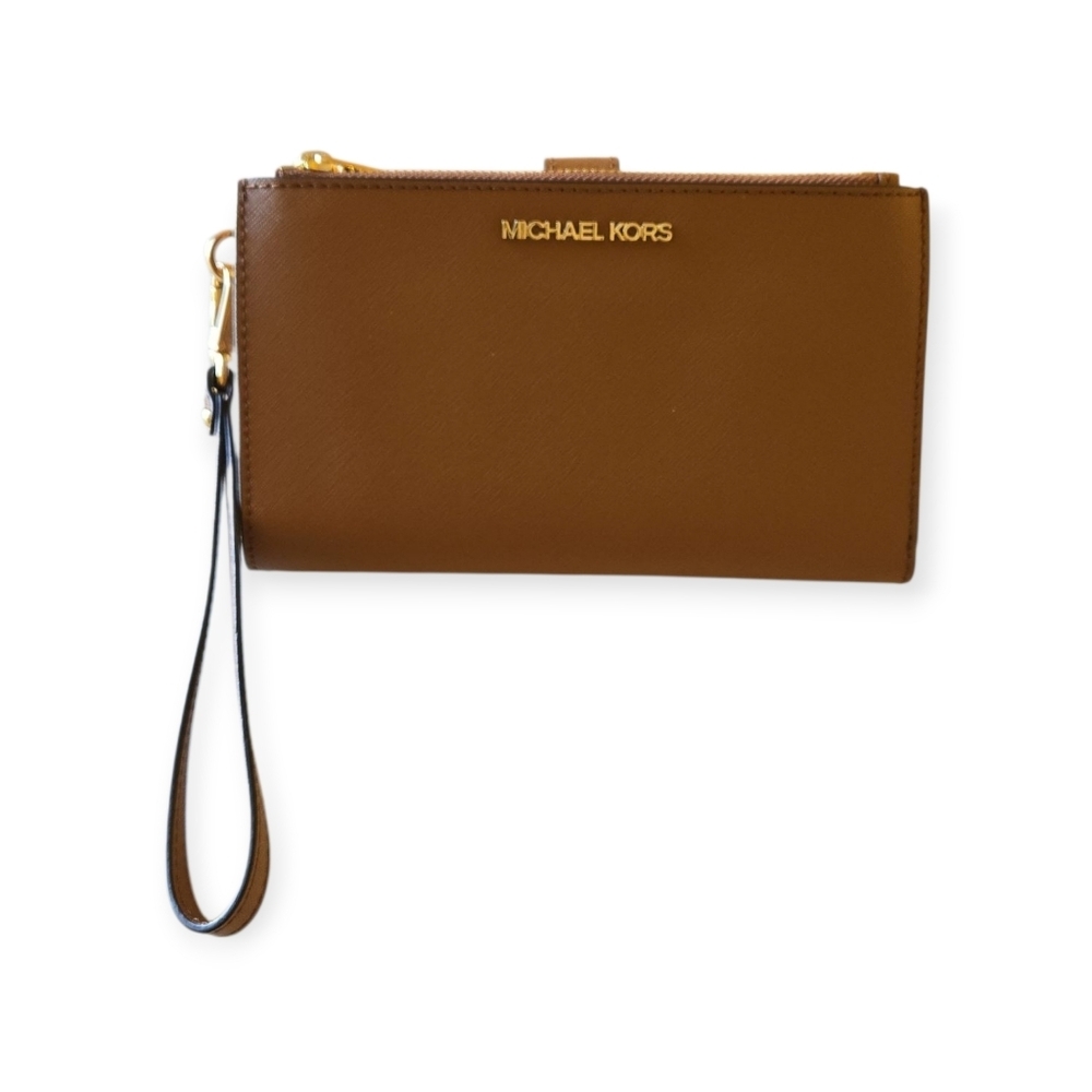 Michael Kors Jet Set Travel Large Double Zip Phone Wallet Wristlet Brown Luggage